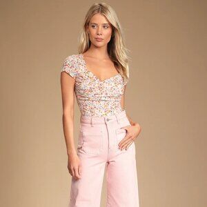 Lulus Sweetest Nature Ivory Floral Print Short Sleeve Bodysuit Women's Size Med